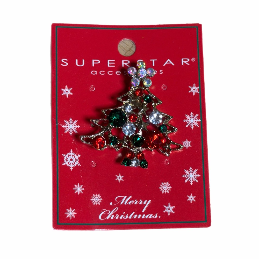 VTGs Christmas Tree Brooch Pin Gold Tone Red Green Rhinestone holiday